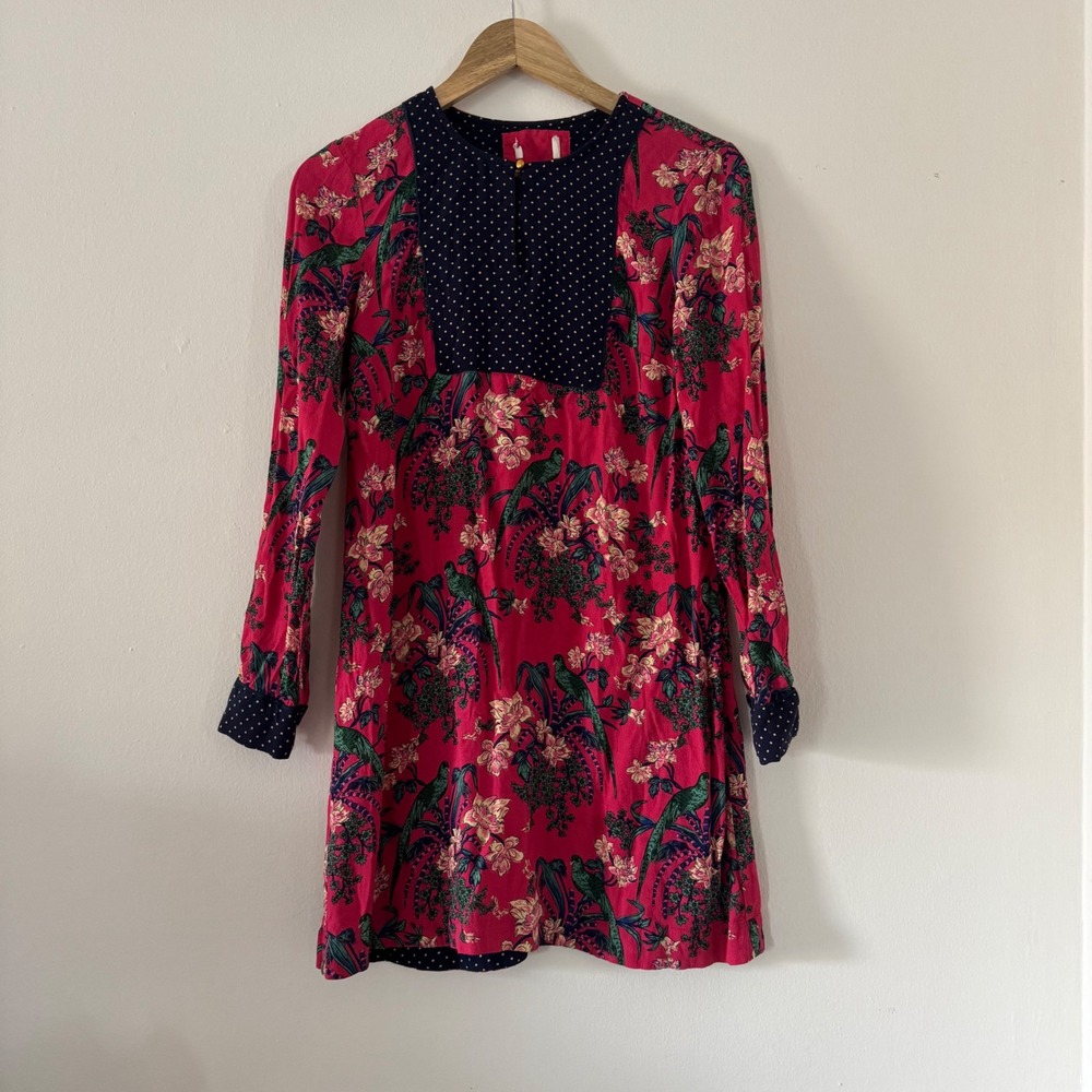 Maeve Anthropologie Floral Bird Polka Dot Long Sleeve Mini Shift Dress Unique